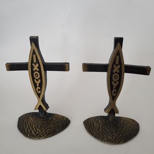 Christian Fish / Ichthys Metal Faux-Bronze, Antique Finish Bookends